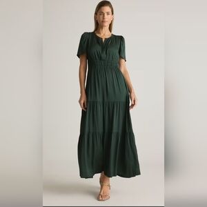 Quince Dark Green Washable Silk Maxi Dress XL Petite Length Pockets Nursing EUC